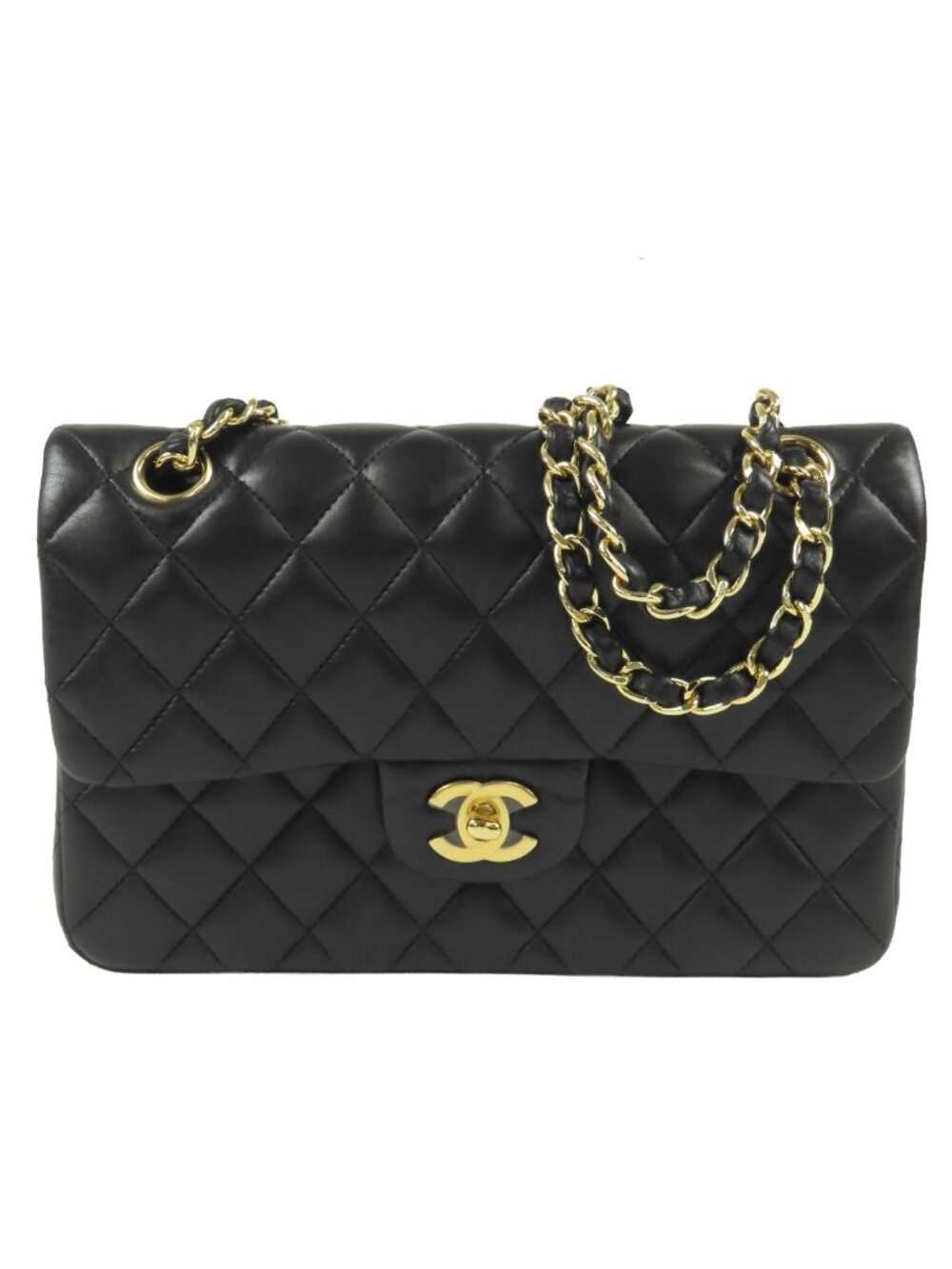Chanel Chain Shoulder Bag Black Gold Lambskin Quilted 23 Double Flap
